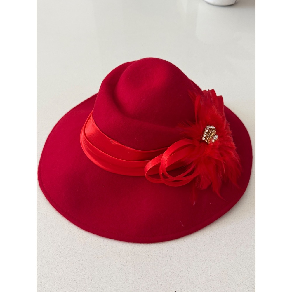 Red 100% Wool Wide Brim Church Hat  Rhinestone Crown Feather Accent Adjustable